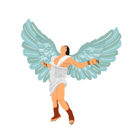 Der geflügelte Mann der griechischen Mythologie Ikarus Vektor Illustration isoliert auf weißem Hintergrund. Fliegender Junge mit ausgebreiteten Flügeln fällt gegen starke Sonnenstrahlen. Mutiger Sportler muskulöser Mann aus dem Märchen.
