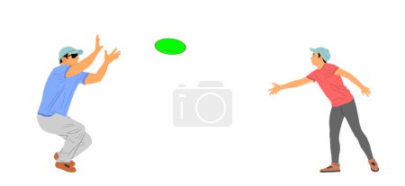Ilustración de Padres de familia feliz y el niño jugando disco volador al aire libre en el parque, ilustración vectorial aislado sobre fondo blanco. Lanzamiento y captura de disco volador. Captura agarrar juego de juguete. Padre e hija. Disfruta.. - Imagen libre de derechos