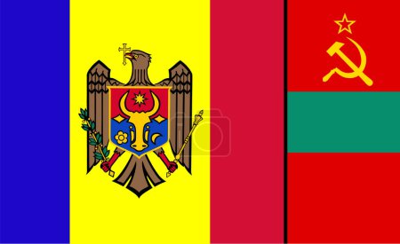 Ilustración de Moldavia bandera fusionar Transnistria bandera vector ilustración aislada. Pridnestrovian Moldavian Republic symbol (en inglés). Banner emblema de Moldavia y Transnistria. - Imagen libre de derechos