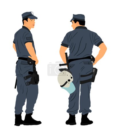 Policeman officer on duty vector illustration isolated on white. Police man in uniform in patrol on street. Security service member protect people. Law and order. Against terrorism unit. Cop team work