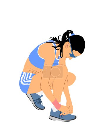 Illustration for Marathon woman runner on race vector illustration isolated on white background. Sport girl athlete tying laces sneakers. Fit lady fix shoestring. Active female sport body tying shoelaces. Health care. - Royalty Free Image