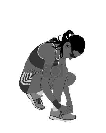 Illustration for Marathon woman runner on race vector illustration isolated on white background. Sport girl athlete tying laces sneakers. Fit lady fix shoestring. Active female sport body tying shoelaces. Health care. - Royalty Free Image