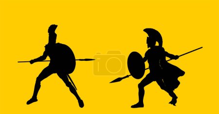Héroe griego antiguo soldado en batalla con lanza y escudo vector de combate silueta ilustración aislado en el fondo. Legionario romano, valiente guerrero en guerra. Gladiador símbolo sombra hombre forma.