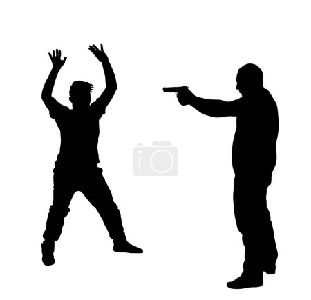 Illustration for Policeman officer with gun arrest and disarms criminal man hands up vector silhouette illustration isolated on white. Police man security service protect people. Law and order street patrol cop duty. - Royalty Free Image