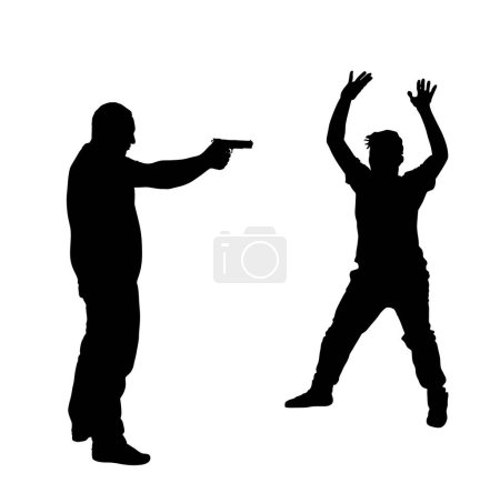 Illustration for Policeman officer with gun arrest and disarms criminal man hands up vector silhouette illustration isolated on white. Police man security service protect people. Law and order street patrol cop duty. - Royalty Free Image