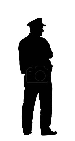 Policeman officer on duty vector silhouette illustration isolated on white background. Police man in uniform. Security service member protect people. Law and order street patrol cop. Man observe crowd