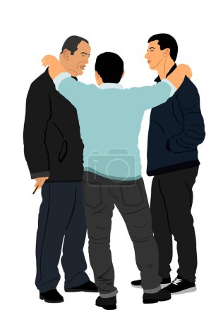 Illustration for Reasonable friendly man wants to prevent conflict between unreasonable enemies vector illustration isolated on white. Peaceful conciliator between angry people in verbal conflict Calm down situation - Royalty Free Image