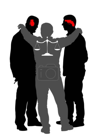 Illustration for Reasonable friendly man wants to prevent conflict between unreasonable enemies vector silhouette illustration isolated. Peaceful conciliator between angry people in verbal conflict Calm down situation - Royalty Free Image