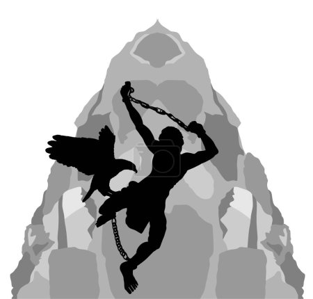 Illustration for Chained Prometheus on rock vector silhouette illustration isolated on white background. Eagle eats the liver of a captured man on a cliff by the sea. Ancient Greek culture mythology. - Royalty Free Image