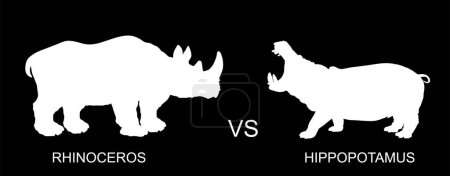 Rhinoceros male against hippopotamus vector silhouette illustration isolated on black. African animal poacher alert. Safari. Strong heavy opponent battle on watering place rhino vs hippo angry beast.
