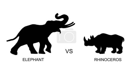 Illustration for Elephant male against rhino vector silhouette illustration isolated on white background. African animal alert of poacher. Elephant shape shadow symbol. Safari attraction. Strong heavy opponent battle. - Royalty Free Image