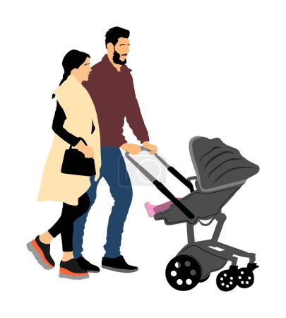 Happy family parents walking outdoor with baby in pram vector illustration isolated on white background. Baby carriage. Fathers day. Mothers day. Couple in love with baby enjoy in park. Family values.