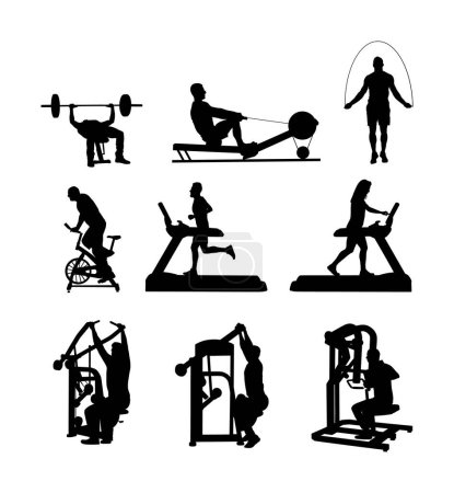 Illustration for Sport man exercises on gym fitness machine vector silhouette. Pressure chest, legs. Pull down, stretching, worming up activity. Cardio bike. Cable Row. Jump rope skipping. Treadmill  boy run training. - Royalty Free Image
