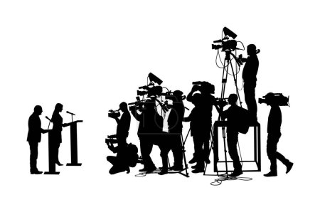 Illustration for Election campaign duel public speaker politician woman against man opponent vector silhouette.  Meeting event. Businessman speaking, lady talking on vote press conference. Cameraman photographer crew - Royalty Free Image