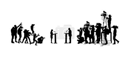 Illustration for Election campaign duel public speaker politician woman against man opponent vector silhouette.  Meeting event. Businessman speaking, lady talking on vote press conference. Cameraman photographer crew - Royalty Free Image