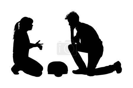 Illustration for First aid dummy demonstration vector silhouette. Doctor give advice trainee about rescue technique. Training patient doll. Paramedic skills. Medical exercise how to help patient. Urgency revival man. - Royalty Free Image