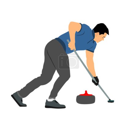 Illustration for Curling player on ice vector illustration isolated on white background. Winter sport game.  Man curling player delivering a stone on a curling rink, sliding over ice. Boy brushing ice directing stone. - Royalty Free Image