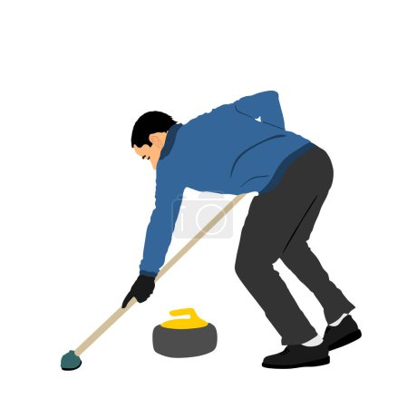 Illustration for Curling player on ice vector illustration isolated on white background. Winter sport game.  Man curling player delivering a stone on a curling rink, sliding over ice. Boy brushing ice directing stone. - Royalty Free Image