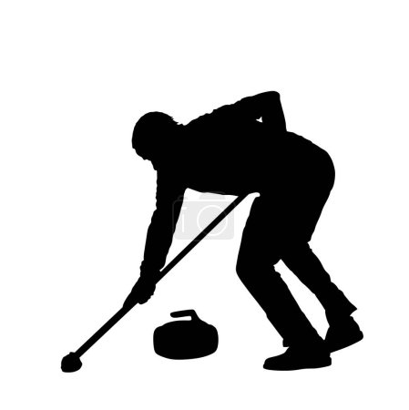 Illustration for Curling player on ice vector silhouette illustration isolated on white. Winter sport game.  Man curling player delivering a stone on a curling rink, sliding over ice. Boy brushing ice directing stone. - Royalty Free Image
