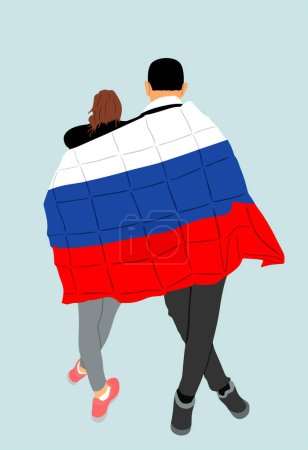 Illustration for Stick together hugged woman and man covered with national flag of Russia vector illustration isolated. Boy hugging girl. Couple in love. Happy lovers boyfriend girlfriend Russian patriot people symbol - Royalty Free Image