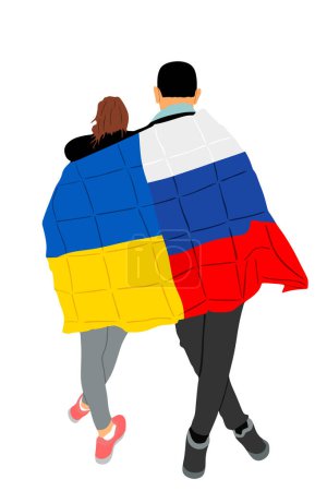 Illustration for Hugged Ukraine woman Russian man stick together vector illustration isolated. Emotional people boy hug girl covered with national flag mixed. Couple in love. Happy lovers hugging, boyfriend girlfriend - Royalty Free Image