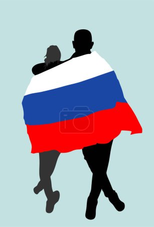 Illustration for Stick together hugged woman and man covered with national flag of Russia vector silhouette isolated. Boy hugging girl. Couple in love. Happy lovers boyfriend girlfriend Russian patriot people symbol - Royalty Free Image