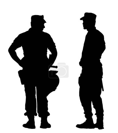 Policeman officer on duty vector silhouette illustration isolated. Police man in uniform patrol on street. Security service member protect people. Law and order. Against terrorism unit. Cop team work