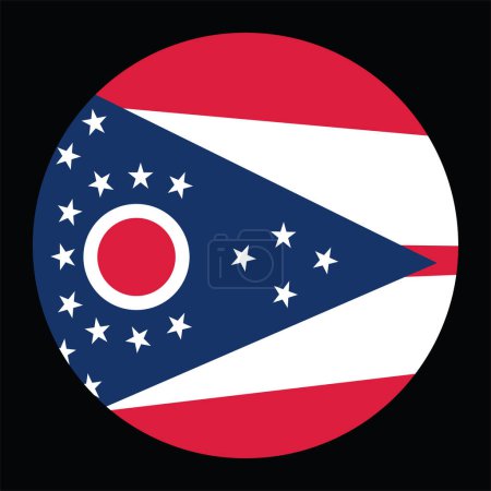Ilustración de Insignia del círculo ilustración vectorial de la bandera de Ohio aislada sobre fondo negro. Símbolo de país de los Estados Unidos. Botón Ohio emblema redondo. - Imagen libre de derechos
