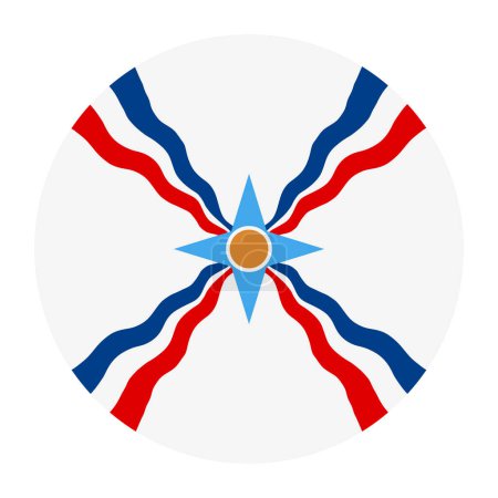 Circle Assyrian people flag vector illustration isolated. Button of Assyrians indigenous ethnic group native to Assyria. Ancient indigenous Mesopotamians of Akkad and Sumer. Modern Iraq territory.