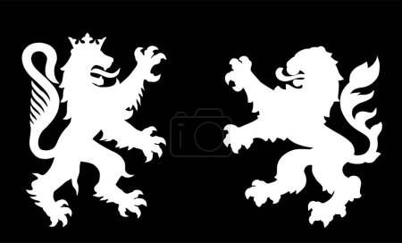 Illustration for Wild beast lions fight battle vector silhouette illustration isolated. Heraldic lion. Animal symbol coat of arms. City in Europe seal. Shield Burgundy VS Hessen Hesse. France town VS Germany heraldry. - Royalty Free Image