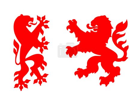 Illustration for Wild beast lions fight battle vector silhouette illustration isolated on background. Heraldic lion. Animal symbol coat of arms. Seal of city in Europe. Shield Dresden VS Hessen Hesse. Germany towns. - Royalty Free Image