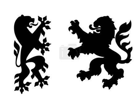 Illustration for Wild beast lions fight battle vector silhouette illustration isolated on background. Heraldic lion. Animal symbol coat of arms. Seal of city in Europe. Shield Dresden VS Hessen Hesse. Germany towns. - Royalty Free Image