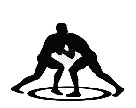 Illustration for Wrestlers match competition, sports man wrestling vector silhouette illustration isolated on white. Gymnastic martial art. Fighter self defense skills. Wrestler game duel Greek Roman style of fight. - Royalty Free Image