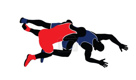 Illustration for Wrestlers match competition, sports man wrestling vector silhouette illustration isolated on white. Gymnastic martial art. Fighter self defense skills. Wrestler game duel Greek Roman style of fight. - Royalty Free Image
