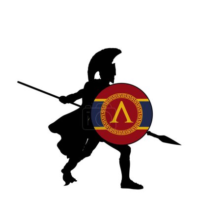 Illustration for Greek hero ancient soldier in battle with spear, shield in combat vector silhouette illustration isolated. Soldier Spartan warrior, brave man Achilles in Trojan war. Sparta flag. Spartan flag kingdom. - Royalty Free Image