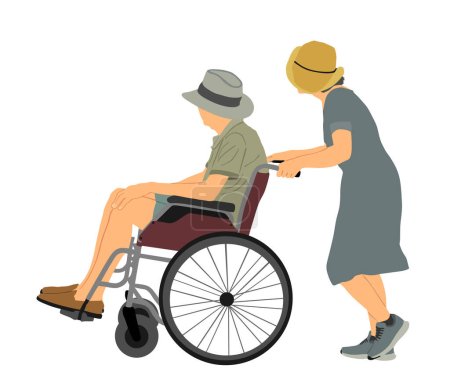 Illustration for Mature woman pushing strolling with senior man patient in wheelchair vector illustration. Patient in wheelchair isolated on white. Nurse support injured man. Hospital paramedic Social worker activity. - Royalty Free Image