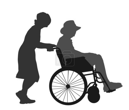 Illustration for Mature woman pushing strolling with senior man patient in wheelchair vector silhouette. Patient in wheelchair isolated on white. Nurse support injured man. Hospital paramedic Social worker activity. - Royalty Free Image