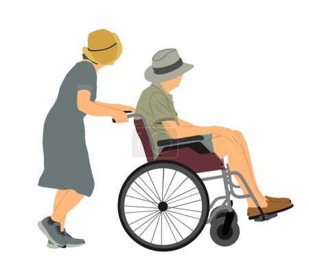 Illustration for Mature woman pushing strolling with senior man patient in wheelchair vector illustration. Patient in wheelchair isolated on white. Nurse support injured man. Hospital paramedic Social worker activity. - Royalty Free Image