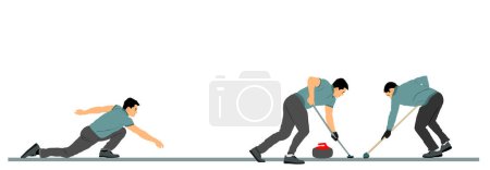 Illustration for Curling players crew on ice vector illustration isolated on white. Winter sport game. Team work man delivering stone on curling rink sliding over ice. Boy brushing ice directing stone. - Royalty Free Image