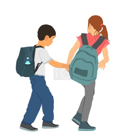 Kids going to school together, vector illustration. Back to school. Boy and girl with backpack. Happy children friends. Happy schoolkids education. Sister hold hand brother to crossing street.