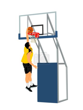 Jugador de baloncesto acrobacia saltar y hundir ilustración vectorial aislado sobre fondo blanco. Jugador de baloncesto haciendo slam dunk. Aro y tabla en la ilustración de la corte. Deporte hombre movimiento atractivo.