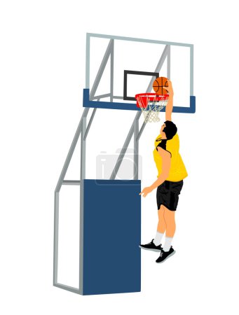 Illustration for Basketball player stunt jumping and dunking vector illustration isolated on white background. Basketball player making slam dunk. Hoop and board on court illustration. Sport man attractive move. - Royalty Free Image