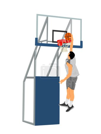 Illustration for Basketball player stunt jumping and dunking vector illustration isolated on white background. Basketball player making slam dunk. Hoop and board on court illustration. Sport man attractive move. - Royalty Free Image