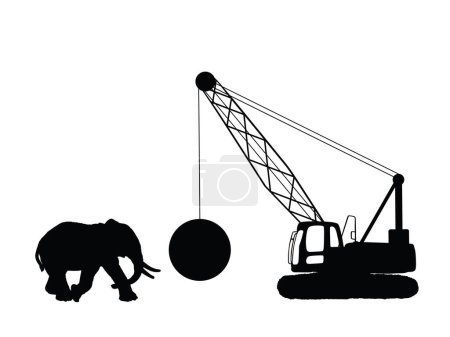 Illustration for Elephant male natural power against industrial power wrecking ball crane vector silhouette illustration isolated on white. Safari African animal defense nature habitat against man occupation invasion. - Royalty Free Image