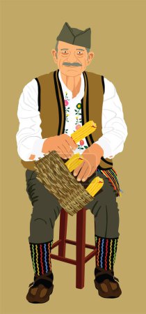 Illustration for Traditional wear folklore Serbia old man with mustache sitting and crown corn by hands vector illustration isolated. Balkan culture grandfather vintage heritage dress. Veteran warrior in shack opans. - Royalty Free Image