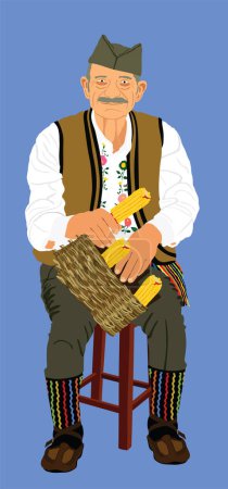 Téléchargez les illustrations : Vêtements traditionnels folklore Serbie vieil homme avec moustache assis et couronne de maïs à la main illustration vectorielle isolé. Culture balkanique grand-père vintage robe d'héritage. Vétéran guerrier dans les opans de cabanes. - en licence libre de droit