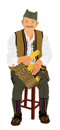 Illustration for Traditional wear folklore Serbia old man with mustache sitting and crown corn by hands vector illustration isolated. Balkan culture grandfather vintage heritage dress. Veteran warrior in shack opans. - Royalty Free Image
