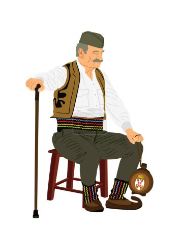 Illustration for Traditional wear folklore Serbia old man sitting on chair with stick vector illustration isolated. Balkan culture grandfather vintage heritage dress male East Europe. Veteran warrior in shack, opans. - Royalty Free Image