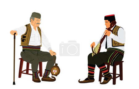 Illustration for Traditional wear folklore Serbia old man sitting on chair with stick vector illustration isolated. Balkan culture grandfather veteran warrior vintage heritage dress listening guslar play gusle music. - Royalty Free Image