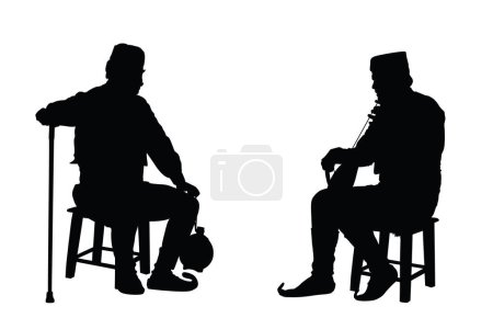Illustration for Traditional wear folklore Serbia old man sitting on chair with stick vector silhouette isolated. Balkan culture, grandfather veteran warrior vintage heritage dress listening guslar play gusle music. - Royalty Free Image